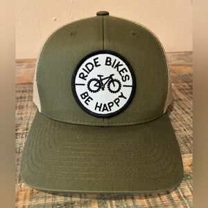 “Ride Bikes Be Happy” Trucker Hat Yupoong Classics Snapback Olive Mesh Cap OS